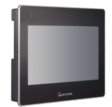 Vista frontal de la pantalla Weintek HMI con marco negro