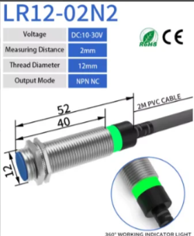 Sensor inductivo M12 LR12-02N2 con cable y ficha técnica
